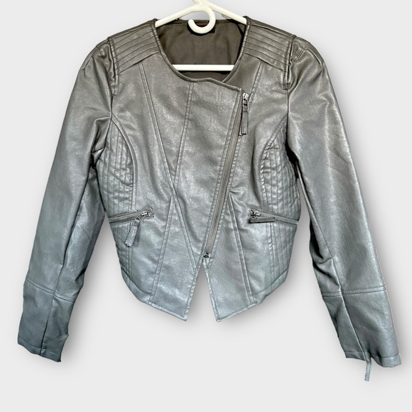 Asymmetrical Cropped Vegan Leather Moto Biker Jacket Grey Medium - Picture 1 of 16